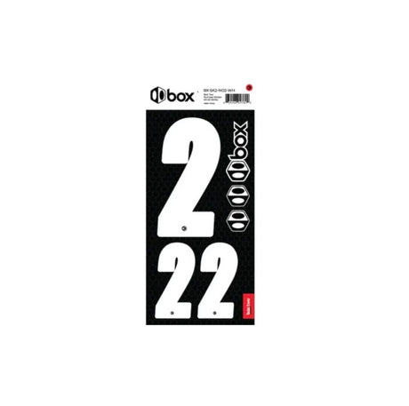 Box Two Number Plate Sticker Kits - White featuring bold white 2 and .22 numerals on a black honeycomb panel with box logos