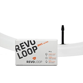 SSS Racing Revoloop TPU Ultra Light BMX Tiny Tube 0.9-1.5 white TPU body, black valve, ultra-light, compact box design. 