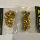 ID Alloy Chainring Bolts by SSS Racing in gold aluminum finish with shiny washers and hex bolts in clear blister pack durable