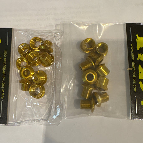 ID Alloy Chainring Bolts by SSS Racing in gold aluminum finish with shiny washers and hex bolts in clear blister pack durable