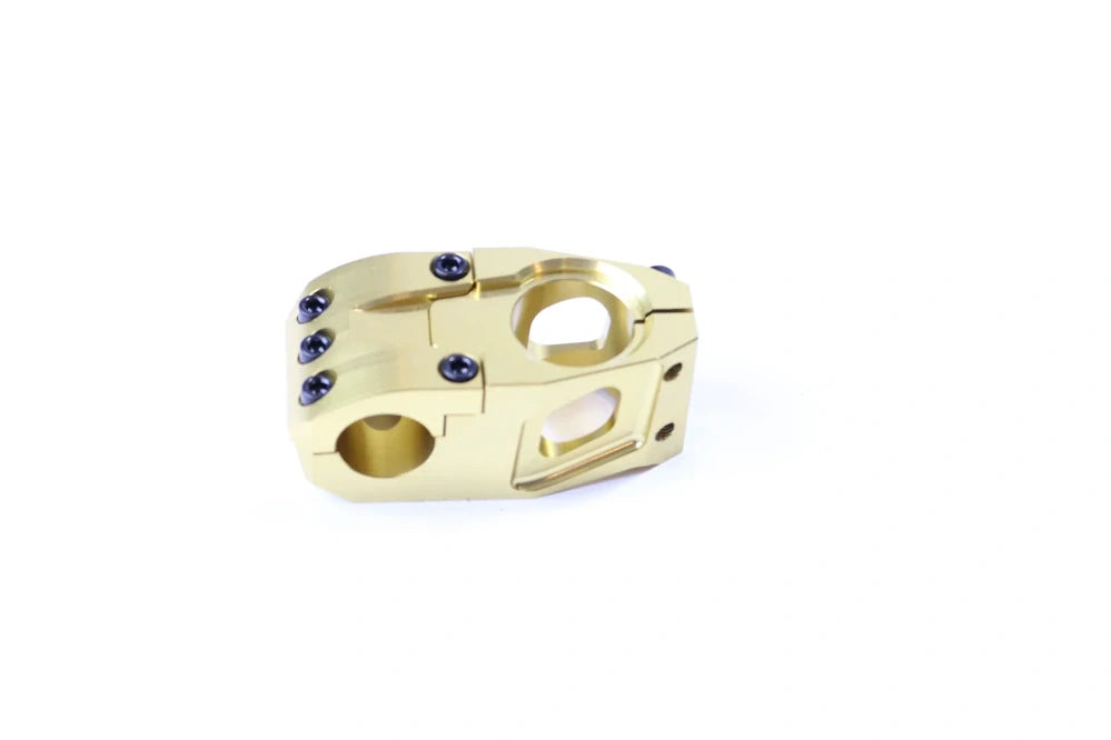 SSS Racing Bombshell Stem 1 1/8” Steerer 34mm, gold anodized aluminum with blue screws, bolted clamp, precision finish alloy.