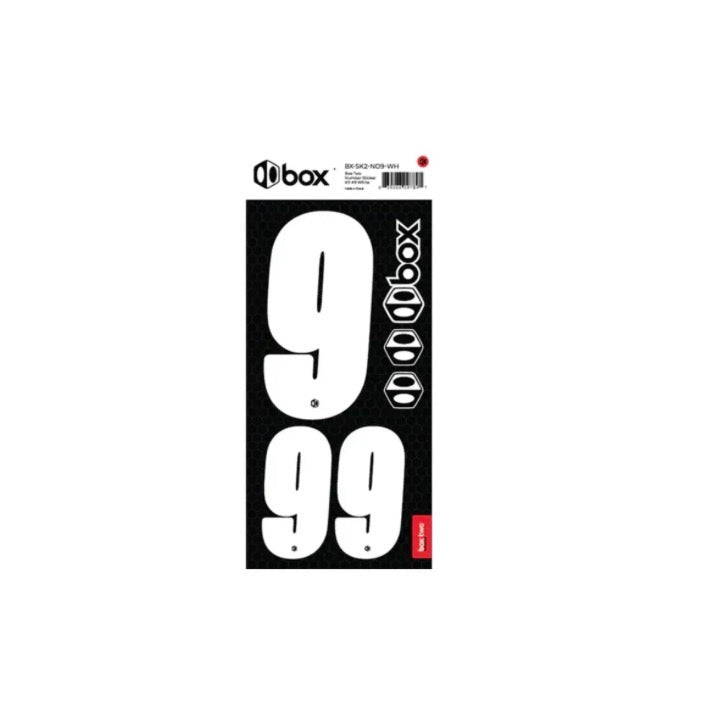 Box Two Number Plate Sticker Kits - White: black sheet with large white numeral 99, smaller 9s, and box logo along edge.