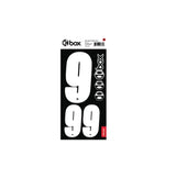 Box Two Number Plate Sticker Kits - White: black sheet with large white numeral 99, smaller 9s, and box logo along edge.