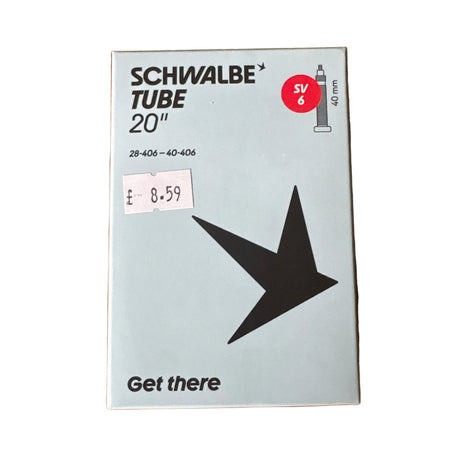 SSS Racing Schwalbe Inner Tube 20" SV6 1-1/8 1-3/8" black text on a silver box, red SV6 badge, scale marks, label details