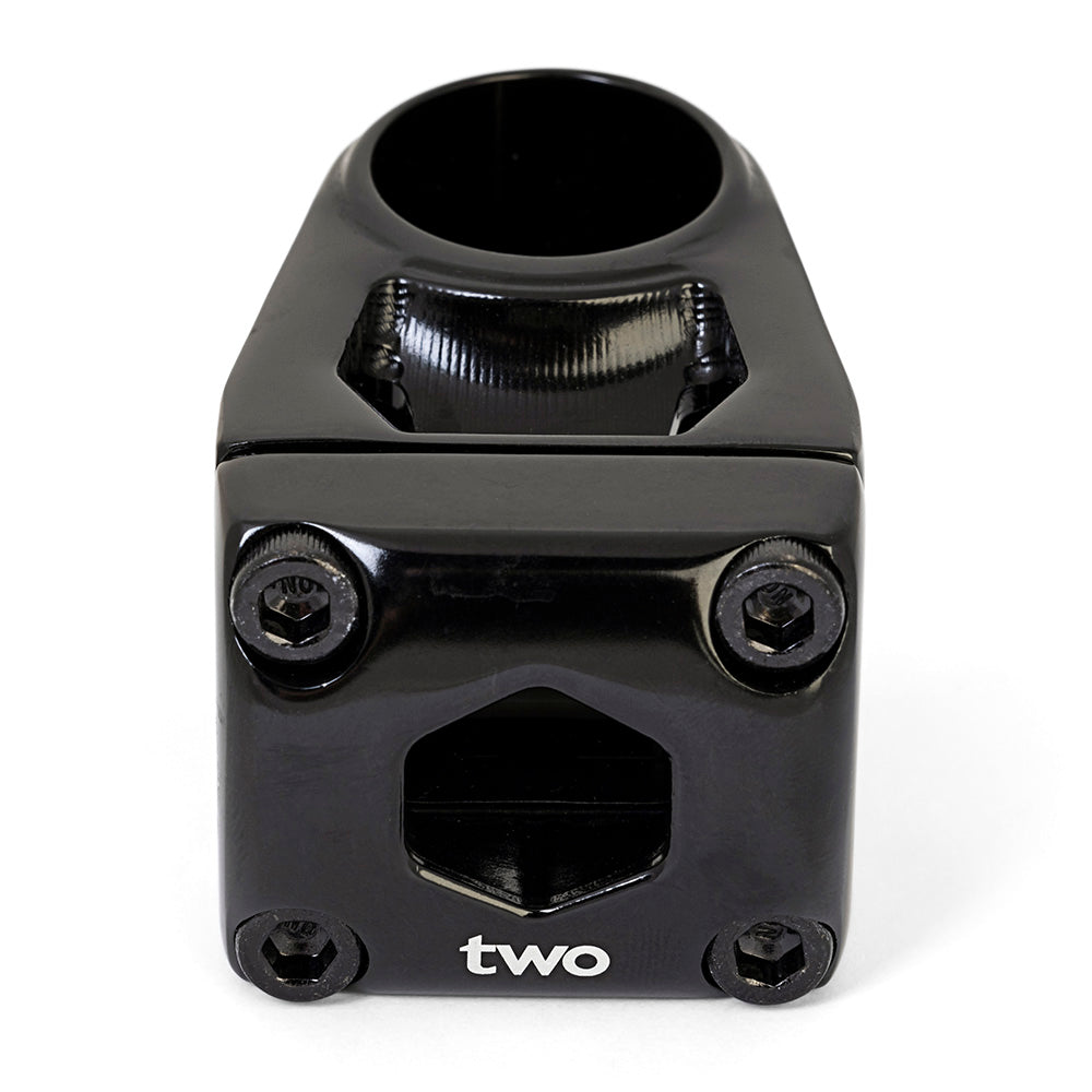 SSS Racing Box Two 22.2 X 1-1/8" Centre Clamp Stem in black anodized aluminum, glossy hex bolts, compact. CNC-machined cam.