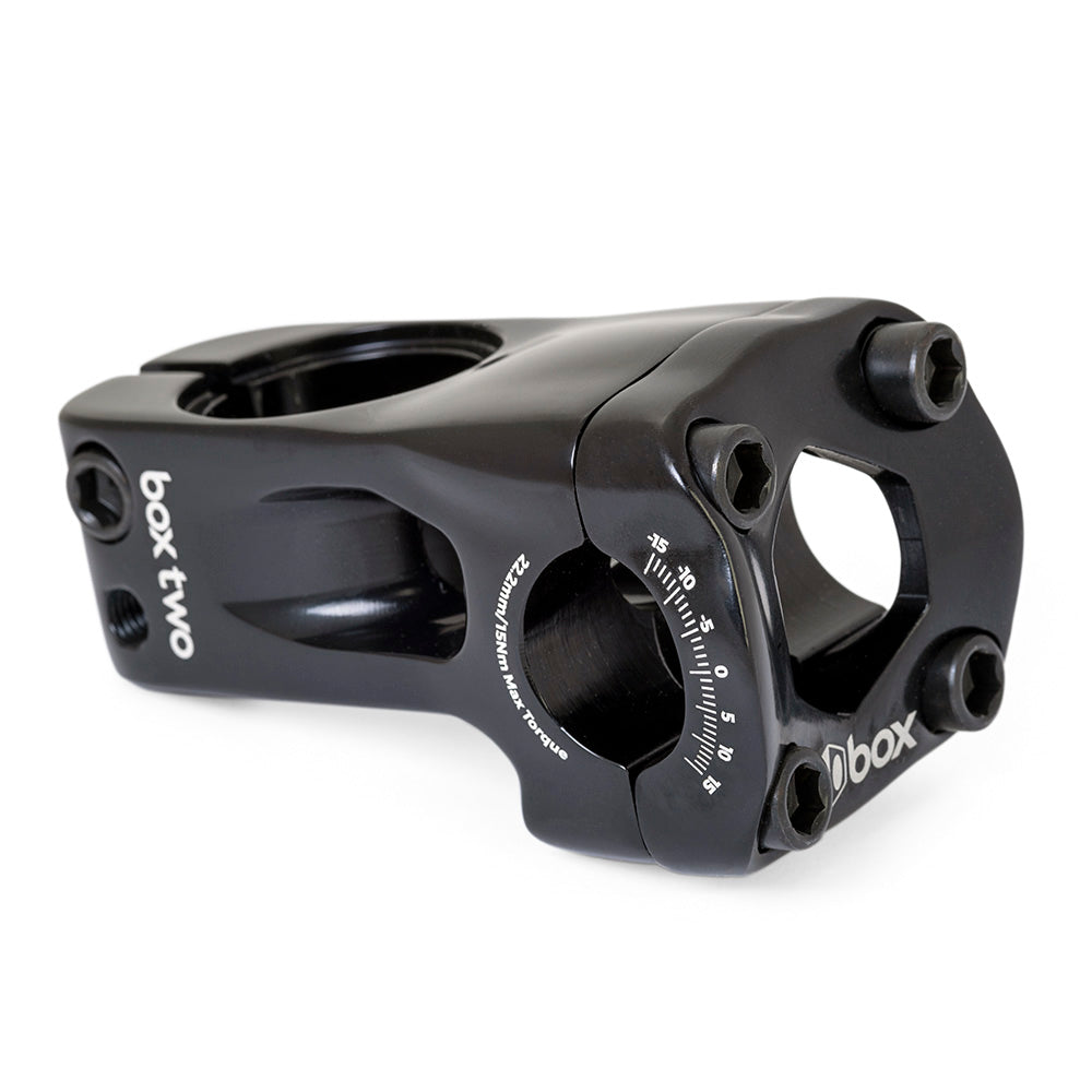 SSS Racing Box Two 22.2 X 1-1/8" Front Load Stem, black aluminum CNC-machined stem with white scale, hex bolts, sleek profile