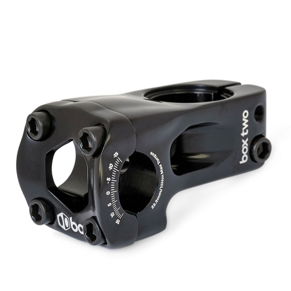 Box Two 22.2 X 1-1/8 Front Load Stem by SSS Racing, matte black aluminum with white dial scale, visible bolts, precise clamp.