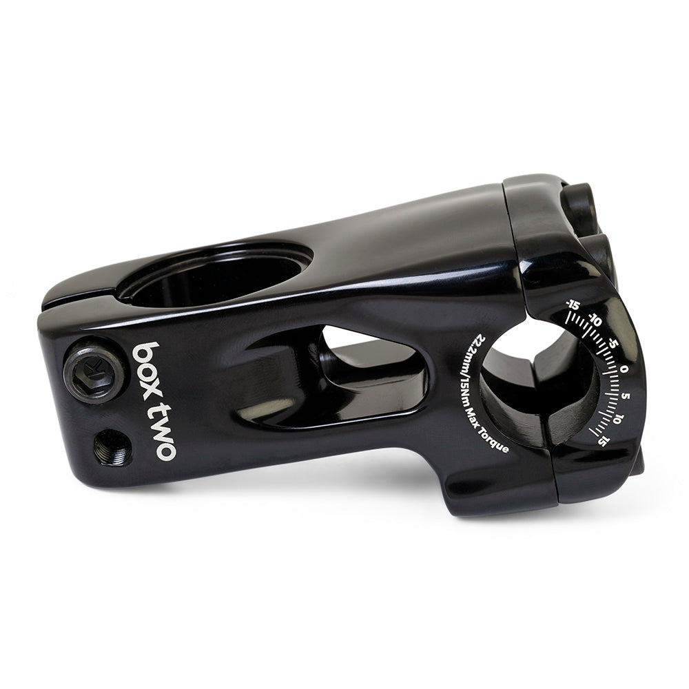 SSS Racing Box Two 22.2 X 1-1/8" Front Load Stem, glossy black aluminum with white logo, built-in torque dial, precise clamp