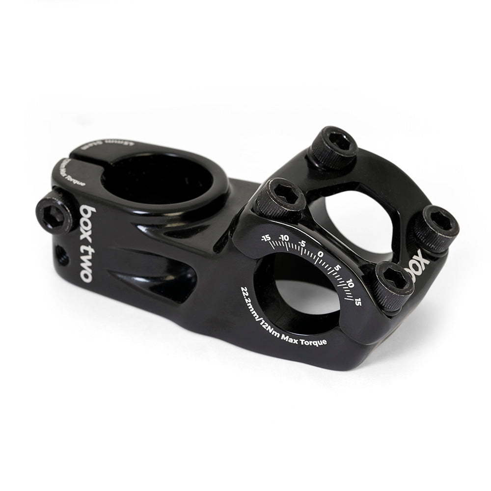 SSS Racing Box Two 22.2 x 1" Top Load Stem, glossy black aluminum frame with white metric scale, hex bolts for secure clamp.