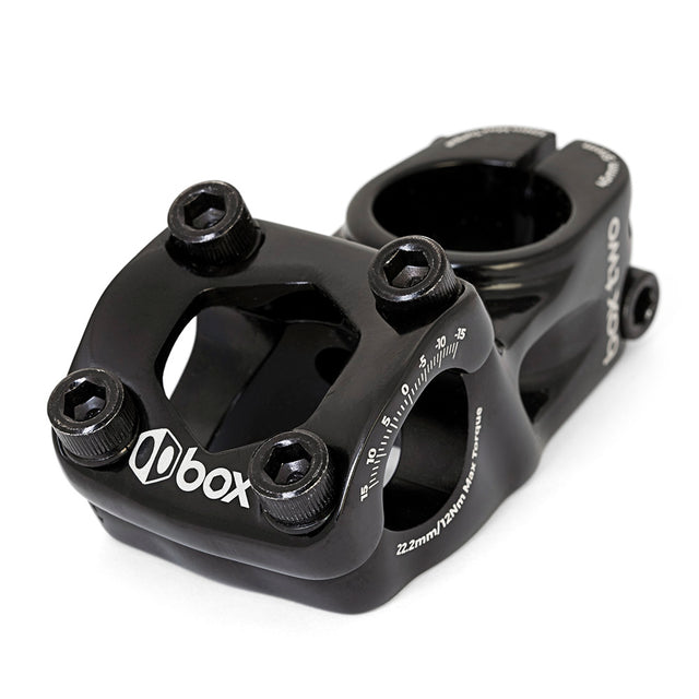 SSS Racing Box Two 22.2 X 1-1/8" Top Load Stem, black aluminum construction with white logos, tight hex bolts, sharp scale