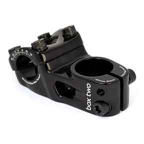 SSS Racing Box Two 22.2 x 1" Top Load Stem, black aluminum body, knurled screws, 45mm stem, clamp with white branding logo.