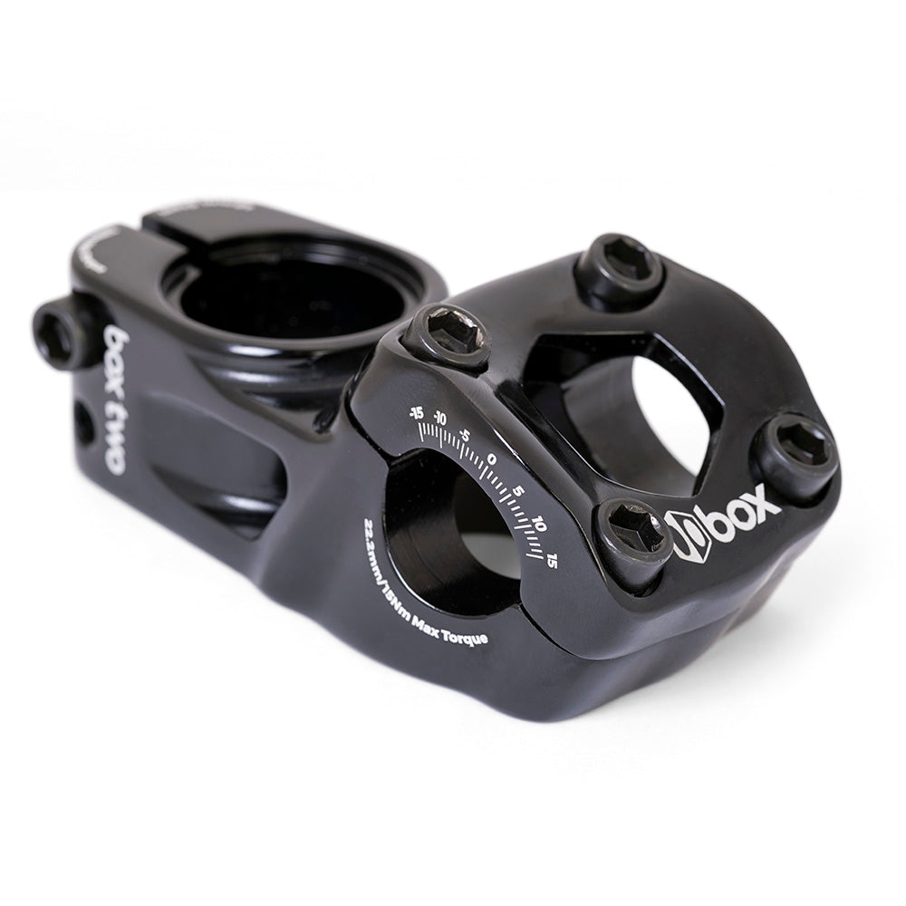 Box Two 22.2 X 1-1/8" Top Load Stem by SSS Racing black aluminum, glossy finish, white scale, hex bolts, CNC machined built.
