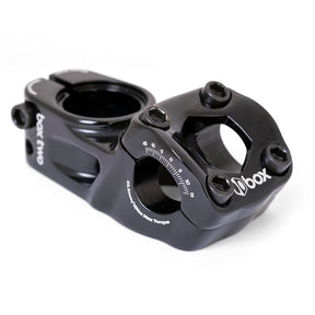 Box Two 22.2 X 1-1/8" Top Load Stem by SSS Racing black aluminum, glossy finish, white scale, hex bolts, CNC machined built.