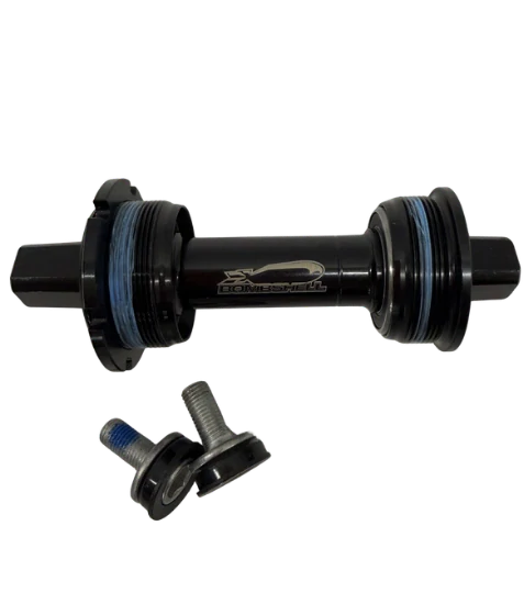 Bombshell Bottom Bracket CRMO Square Taper 114mm by SSS Racing, black CRMO alloy hub with blue seals, square taper axle shaft