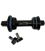 Bombshell Bottom Bracket CRMO Square Taper 114mm by SSS Racing, black CRMO alloy hub with blue seals, square taper axle shaft