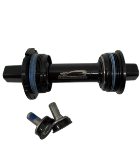 Bombshell Bottom Bracket CRMO Square Taper 114mm by SSS Racing, black CRMO alloy hub with blue seals, square taper axle shaft