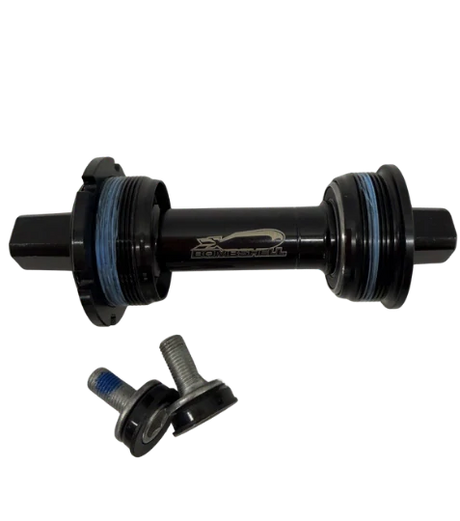 Bombshell Bottom Bracket CRMO Square Taper 114mm by SSS Racing, black CRMO alloy hub with blue seals, square taper axle shaft