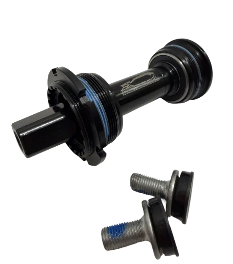 Bombshell Bottom Bracket CRMO Square Taper 114mm with black alloy crank shell, blue anodized rings steel bolts, SSS Racing