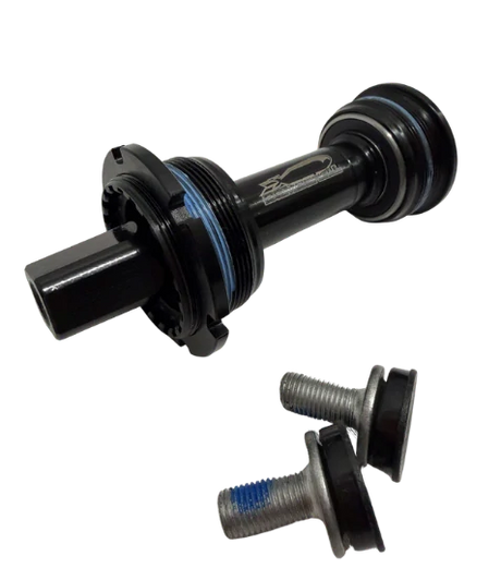 Bombshell Bottom Bracket CRMO Square Taper 114mm with black alloy crank shell, blue anodized rings steel bolts, SSS Racing