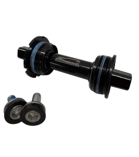 Bombshell Bottom Bracket CRMO Square Taper 114mm SSS Racing black CNC aluminum with blue seals and bolts, spindle. SSS Racing