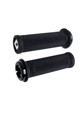 ODI Ruffian Mini Grips in black, compact cylindrical design with knurled texture and metal end caps, mounting ends for bikes
