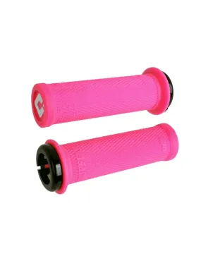 ODI Ruffian Mini Grips in bright pink with black collars, compact cylindrical shape, textured knurling, red logo on end cap.
