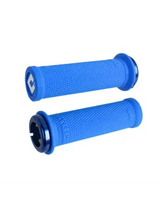 ODI Ruffian Mini Grips in blue, cylindrical knurled grips with rounded ends and black outer rings, logo accents on end caps.