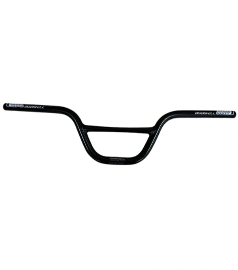 Black bombshell branded aluminium handlebars with a 5” rise on a white background. 