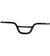 Black bombshell branded aluminium handlebars with a 5” rise on a white background. 