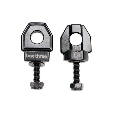SSS Racing Box Three Chain Tensioners (single hole) in black anodized aluminum, precise threaded stud, clamp, glossy finish.