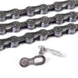 SSS Racing Box Three Prime 9 3/32" Chain with dark gray steel links, polished rivets, and compact rugged design rugged look.