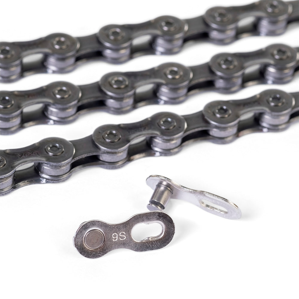 SSS Racing Box Three Prime 9 3/32" Chain with dark gray steel links, polished rivets, and compact rugged design rugged look.