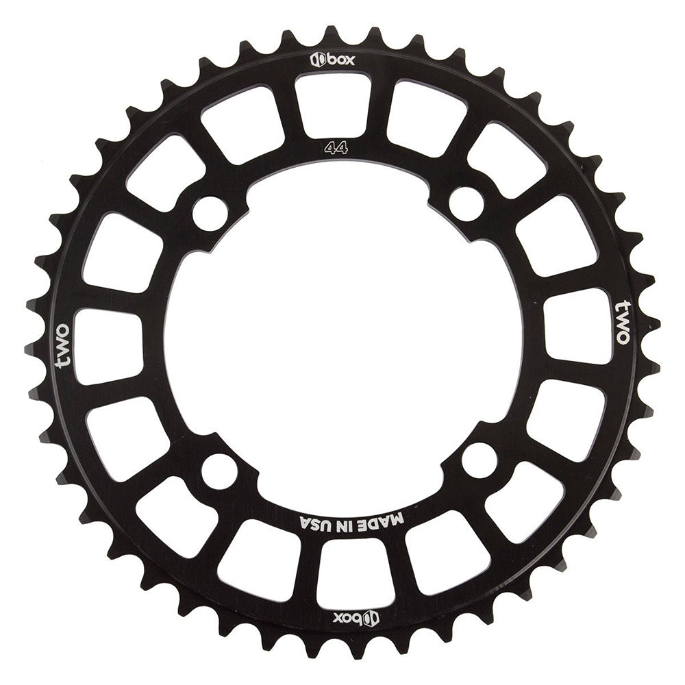 Box Three Chainring (black) by SSS Racing, black aluminum with open hexagonal cutouts, 44T, made in USA lightweight, durable.