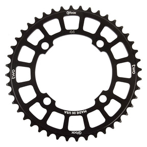 Box Three Chainring (black) by SSS Racing, black aluminum with open hexagonal cutouts, 44T, made in USA lightweight, durable.