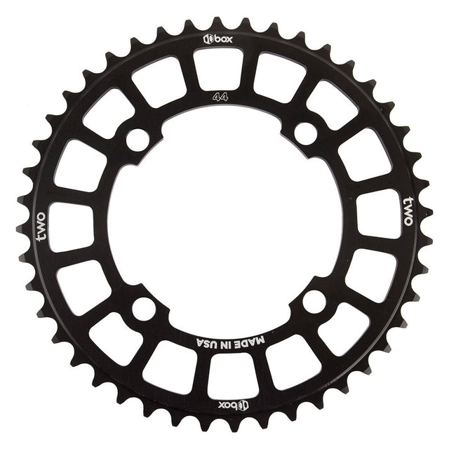 Box Three Chainring (black) by SSS Racing, black aluminum with open hexagonal cutouts, 44T, made in USA lightweight, durable.