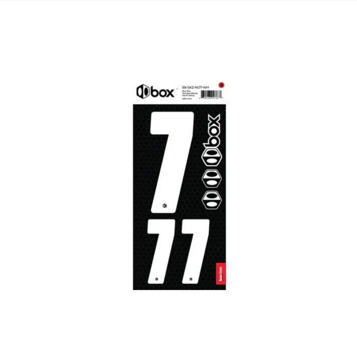 Box Two Number Plate Sticker Kits - White on black backing shows white 7 and 7 numbers with rounded edges and hex texture