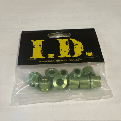 SSS Racing ID Alloy Chainring Bolts, silver aluminum hardware with blue anodized accents, hex heads, compact finish matte