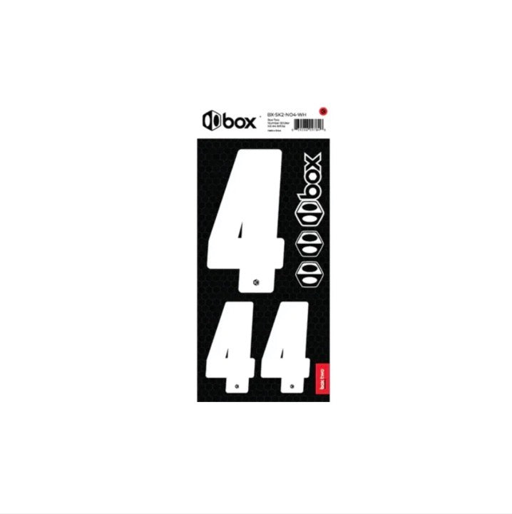 Box Two Number Plate Sticker Kits - White features large white numeric 4s on a black hex-pattern card with logos at edge.