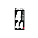 Box Two Number Plate Sticker Kits - White features large white numeric 4s on a black hex-pattern card with logos at edge.