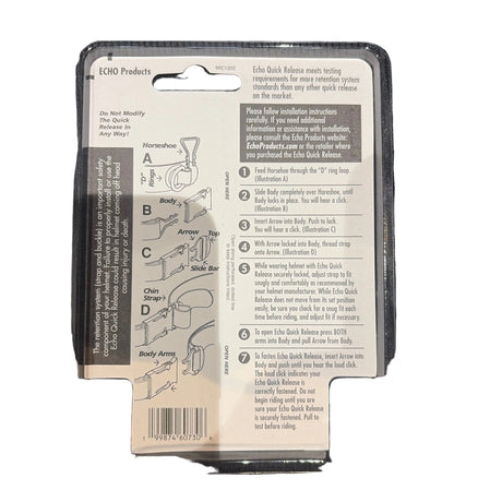 Echo Quick Release Helmet Buckle packaging shows a beige label with black text, rounded hanging hole, and dark frame visible.