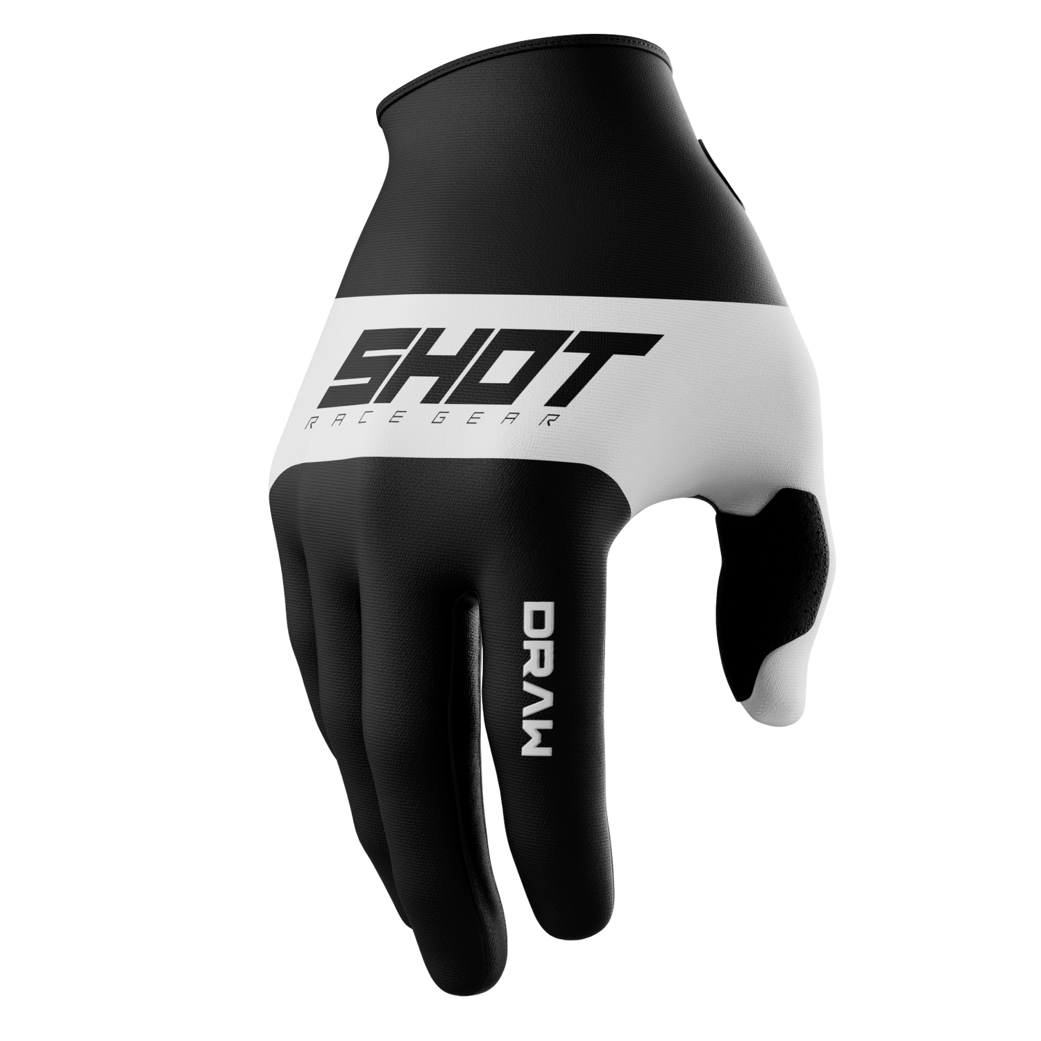 SHOT Racegear Draw Kids Gloves black white synthetic knit, textured grip, snug cuff, bold logo, SSS Racing branding finish