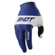 SHOT Racegear Draw Kids Gloves by SSS Racing in blue and white neoprene, padded black grip palm, bold logo band blue trim