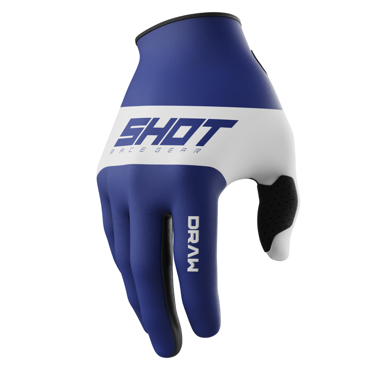 SHOT Racegear Draw Kids Gloves by SSS Racing in blue and white neoprene, padded black grip palm, bold logo band blue trim