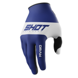SHOT Racegear Draw Kids Gloves by SSS Racing in blue and white neoprene, padded black grip palm, bold logo band blue trim