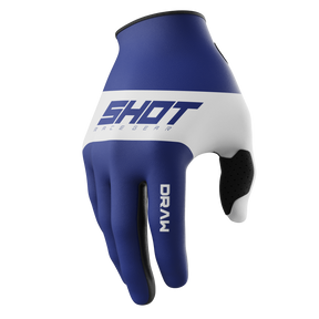 SHOT Racegear Draw Kids Gloves by SSS Racing in blue and white neoprene, padded black grip palm, bold logo band blue trim