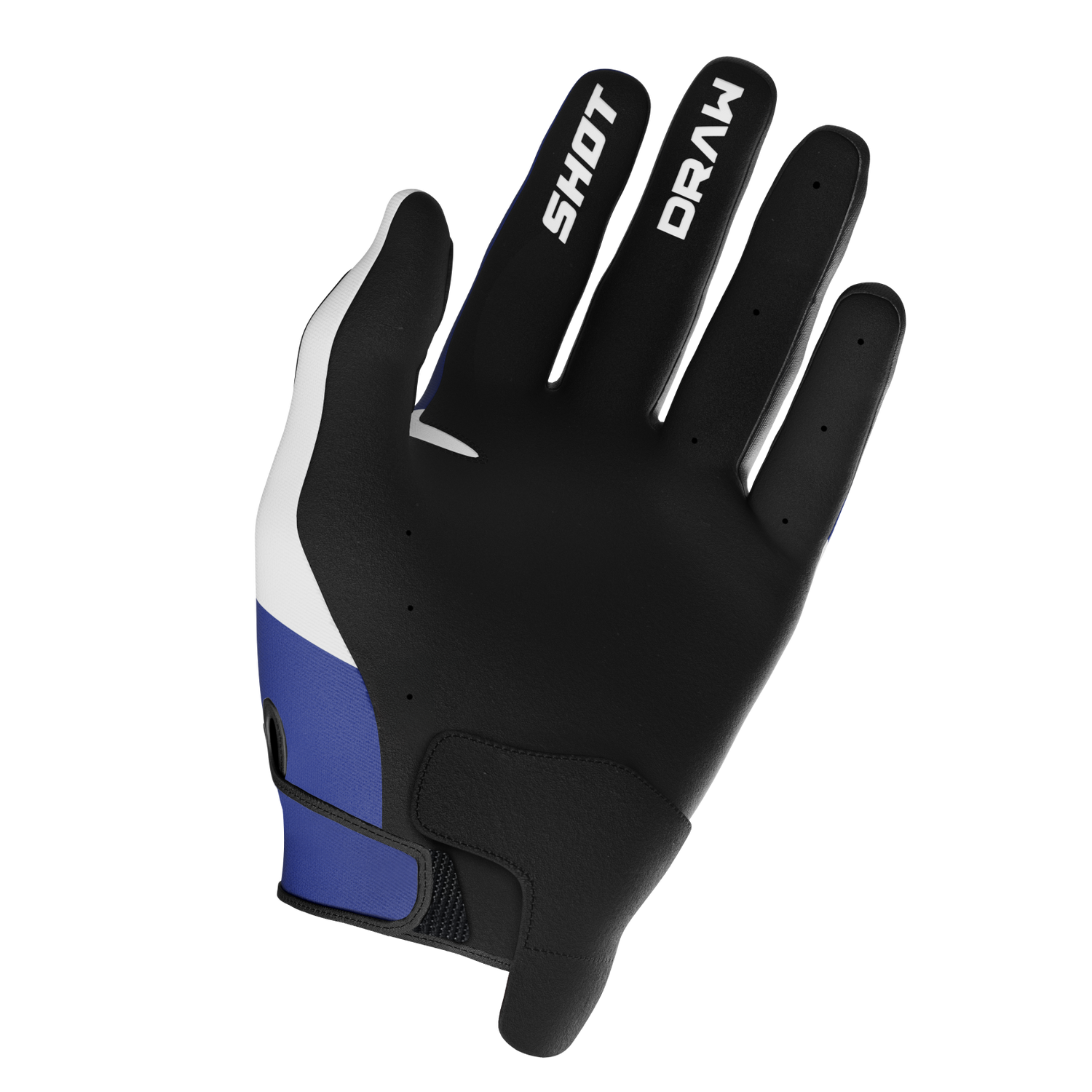 SHOT Racegear Draw Kids Gloves SSS Racing: black with blue and white accents, synthetic leather palm, adjustable cuff fit