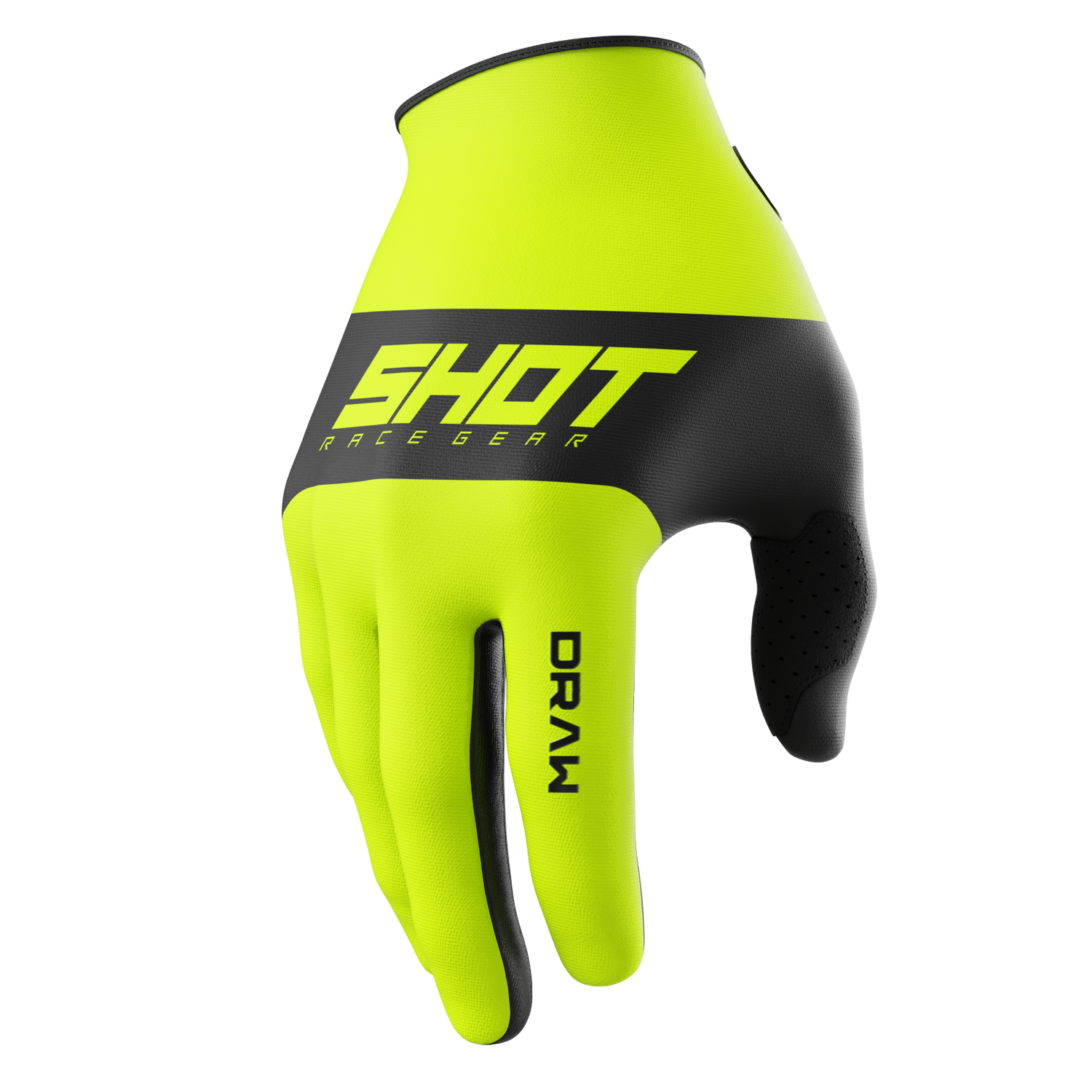 SHOT Racegear Draw Kids Gloves in neon yellow/black, synthetic textile with grippy black palm, bold SSS Racing branding.