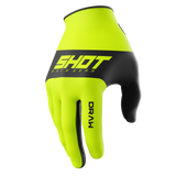 SHOT Racegear Draw Kids Gloves in neon yellow/black, synthetic textile with grippy black palm, bold SSS Racing branding.