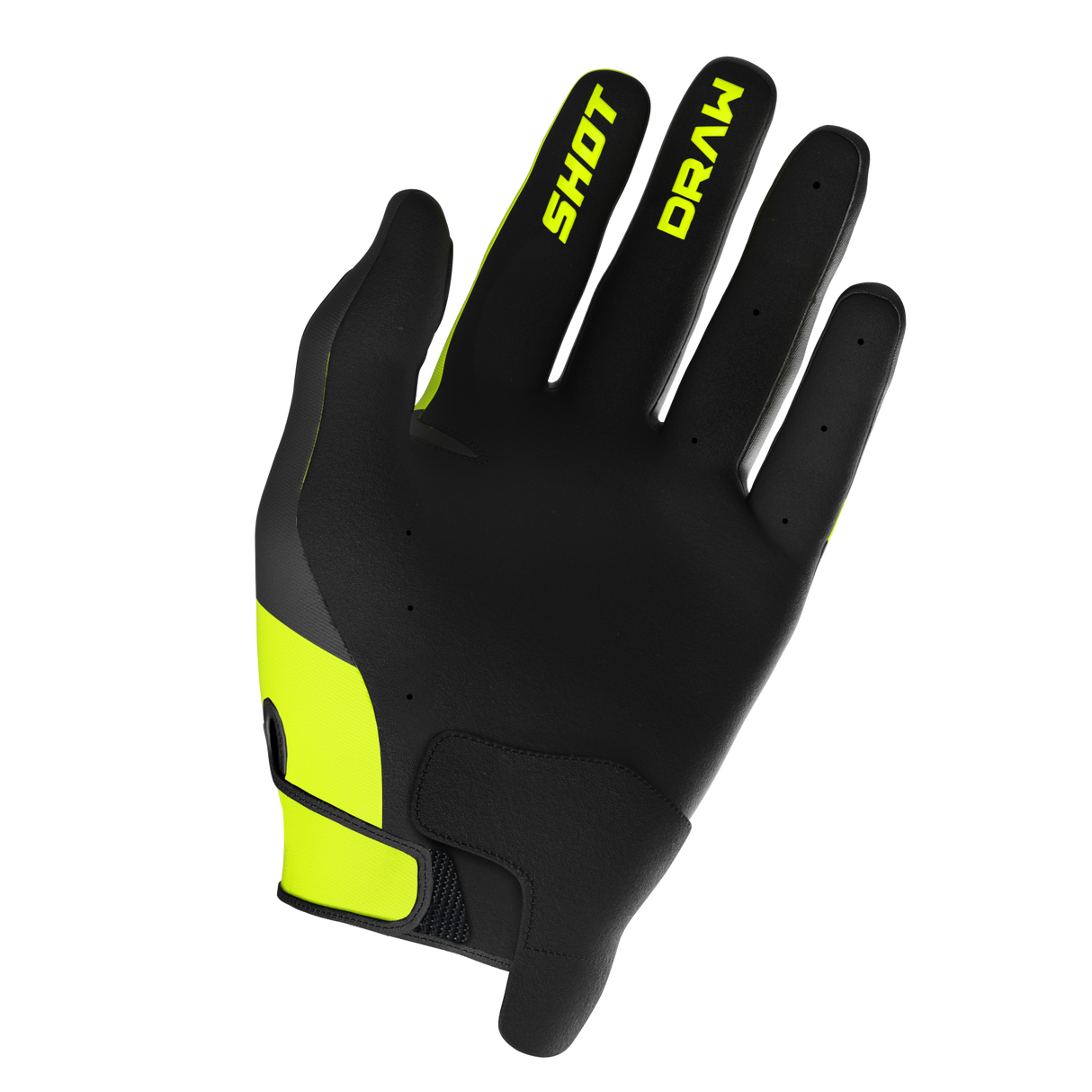 SHOT Racegear Draw Kids Gloves by SSS Racing: black neon yellow accents synthetic leather palm foam padding Velcro wrist
