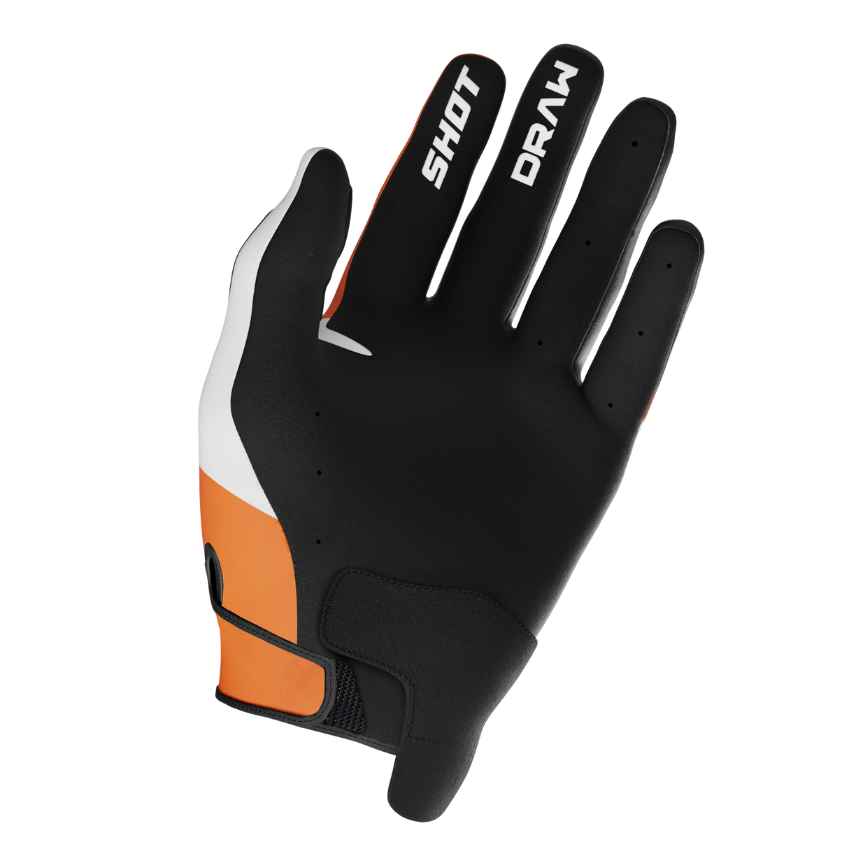 SHOT Racegear Draw Kids Gloves black with white accents, orange cuff, textured synthetic leather, padded fingers, SSS Racing